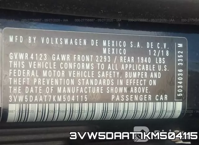 3VW5DAAT7KM504115 фото 10