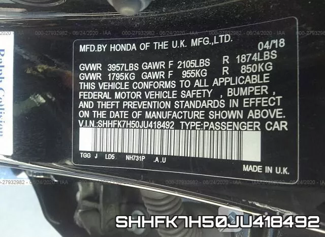 SHHFK7H50JU418492 фото 10