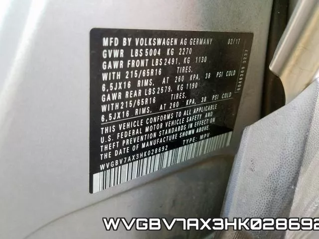 WVGBV7AX3HK028692 фото 2