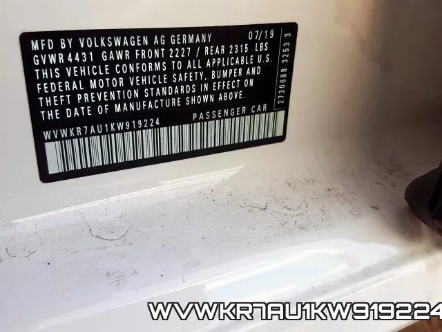WVWKR7AU1KW919224 фото 2