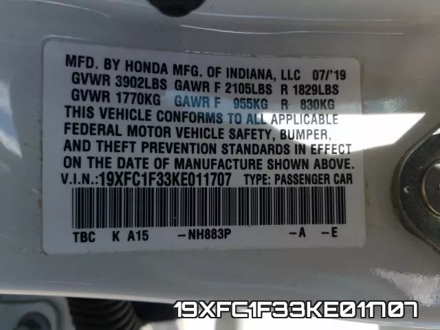 19XFC1F33KE011707 фото 2