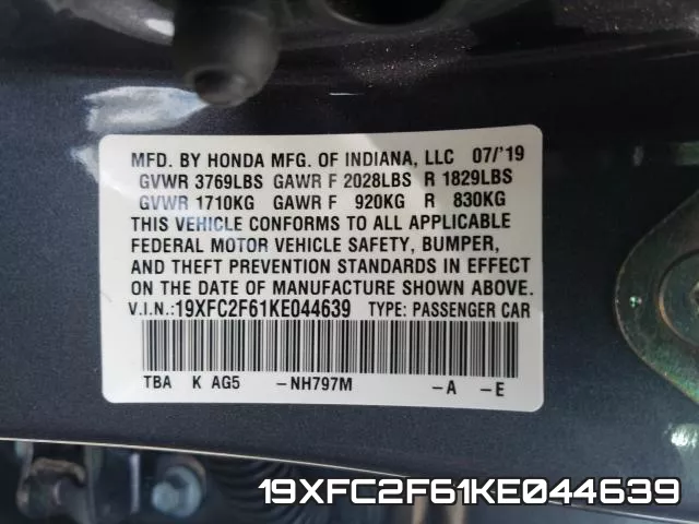 19XFC2F61KE044639 фото 2