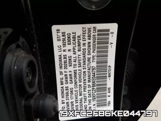 19XFC2F86KE044797 фото 2