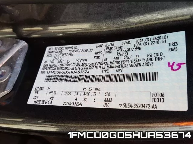 1FMCU0GD5HUA53674 фото 2