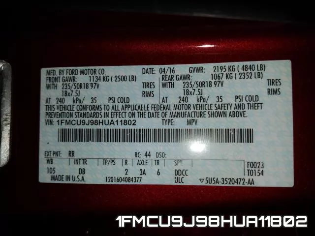 1FMCU9J98HUA11802 фото 2