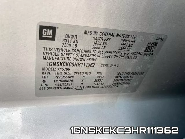 1GNSKCKC3HR111362 фото 2