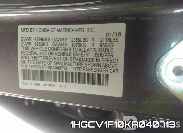 1HGCV1F10KA040713 фото 10