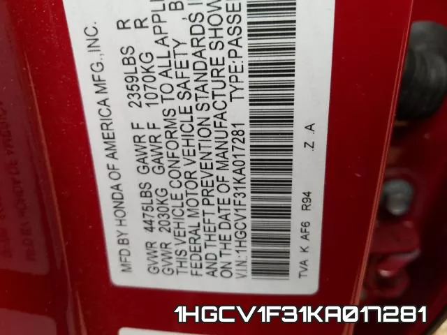 1HGCV1F31KA017281 фото 2