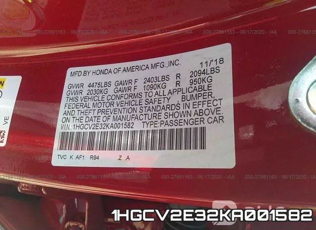 1HGCV2E32KA001582 фото 10