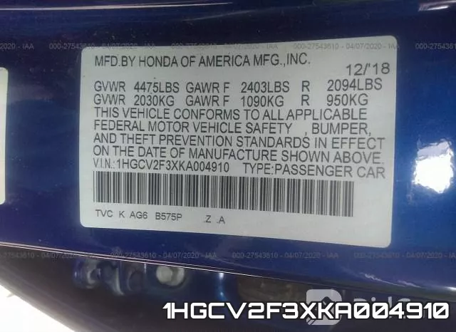1HGCV2F3XKA004910 фото 10