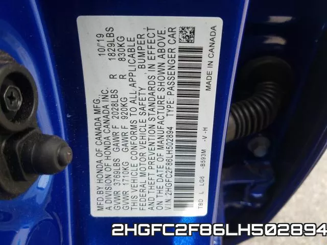 2HGFC2F86LH502894 фото 2