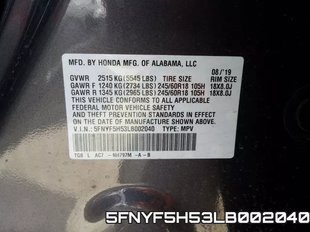5FNYF5H53LB002040 фото 2