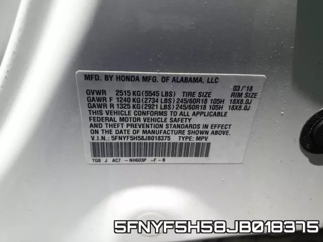 5FNYF5H58JB018375 фото 2