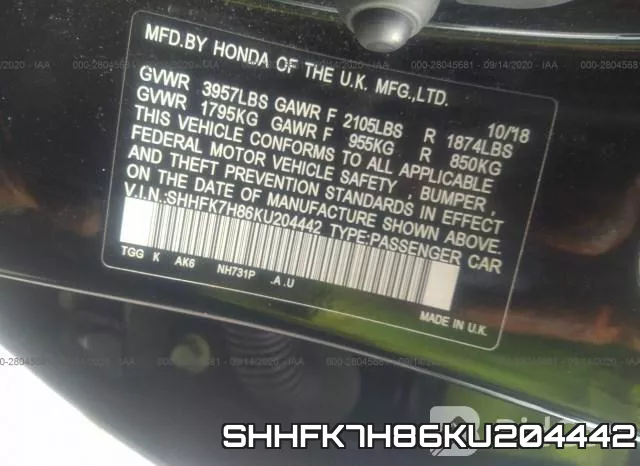 SHHFK7H86KU204442 фото 10