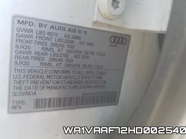 WA1VAAF72HD002540 фото 2