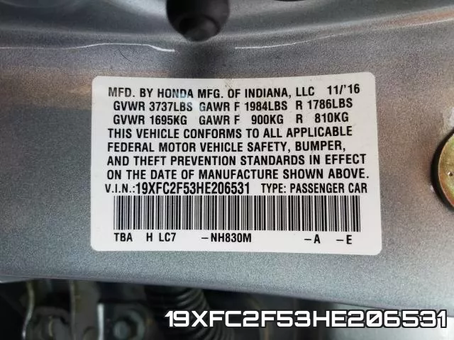 19XFC2F53HE206531 фото 2