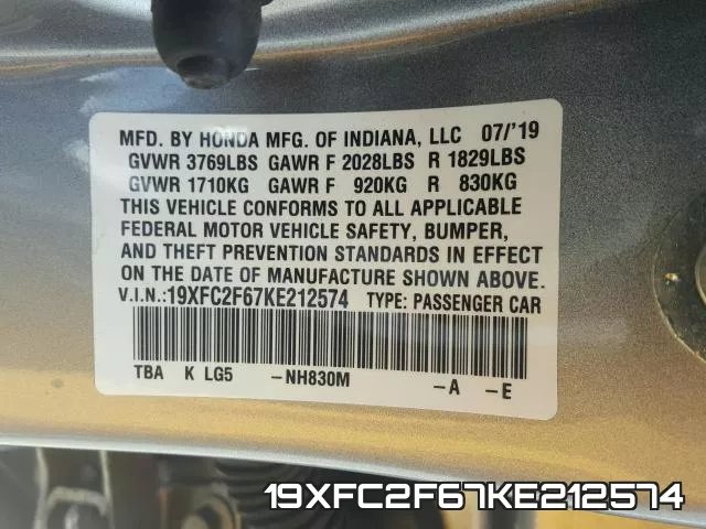 19XFC2F67KE212574 фото 2