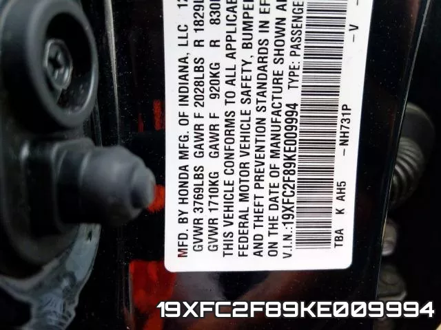 19XFC2F89KE009994 фото 2