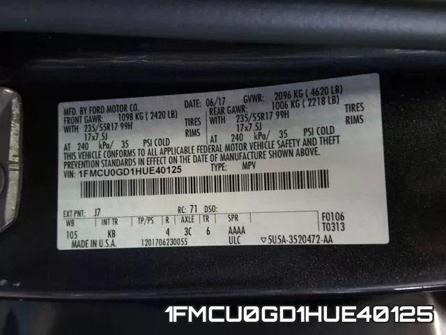 1FMCU0GD1HUE40125 фото 2
