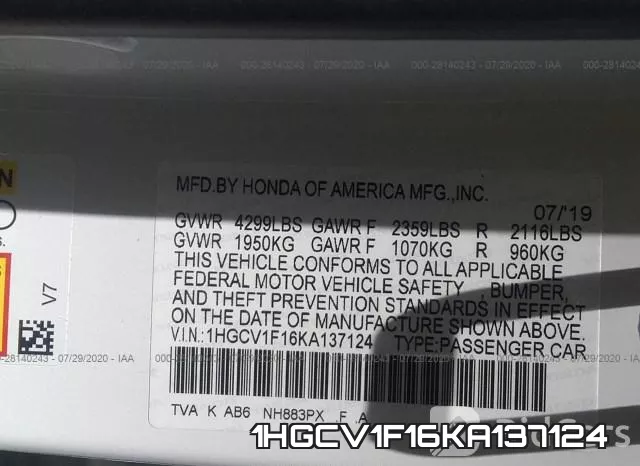 1HGCV1F16KA137124 фото 10