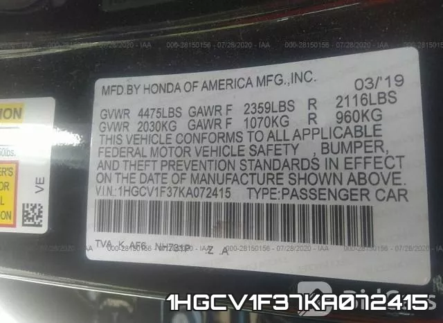 1HGCV1F37KA072415 фото 10