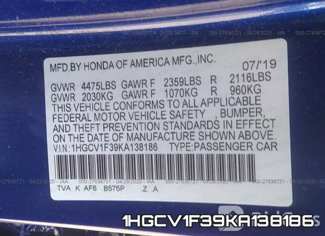 1HGCV1F39KA138186 фото 10