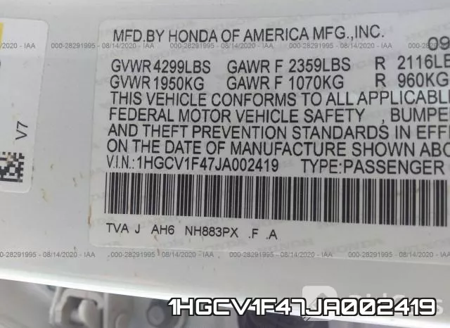 1HGCV1F47JA002419 фото 10