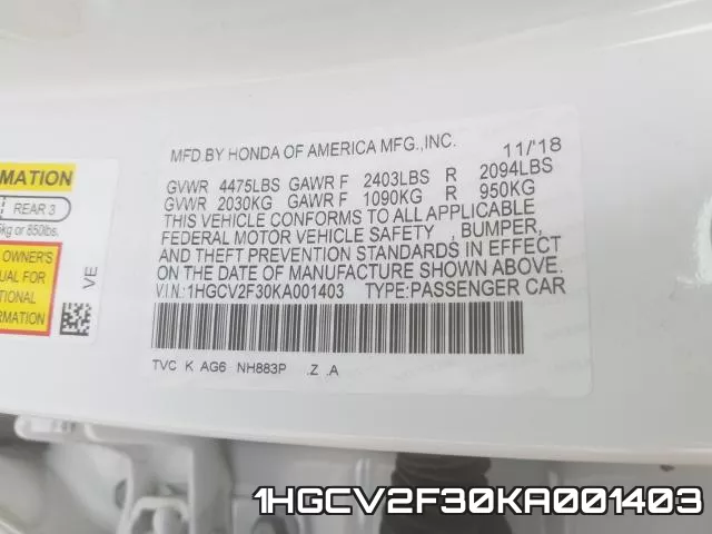 1HGCV2F30KA001403 фото 2