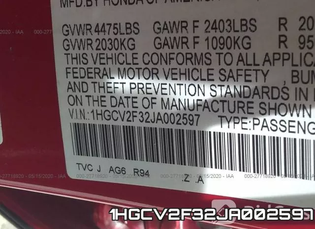 1HGCV2F32JA002597 фото 10