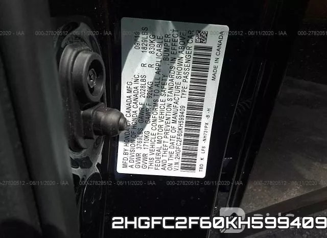 2HGFC2F60KH599409 фото 10