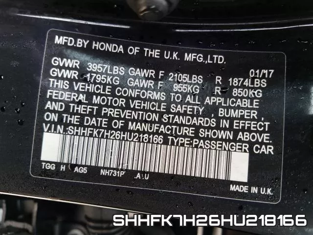 SHHFK7H26HU218166 фото 2