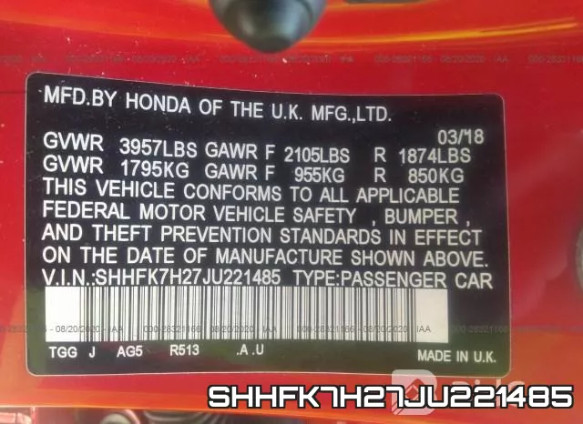 SHHFK7H27JU221485 фото 10