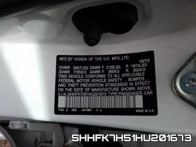 SHHFK7H51HU201673 фото 2