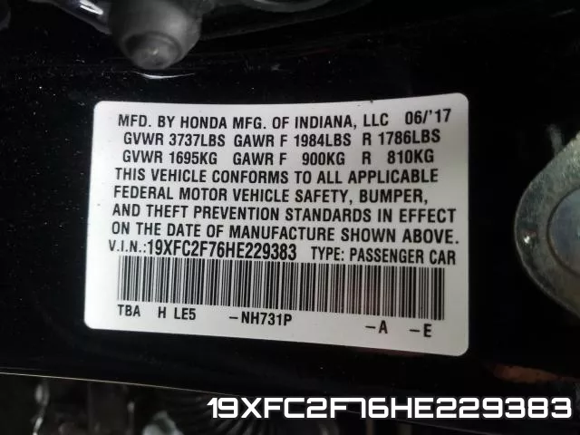 19XFC2F76HE229383 фото 2