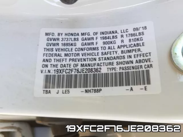 19XFC2F76JE208362 фото 2
