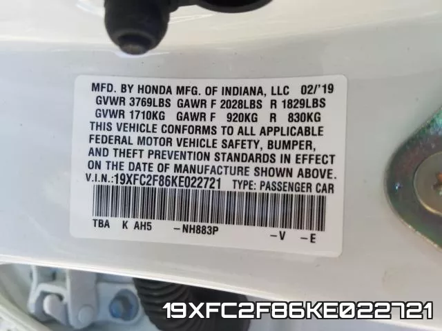 19XFC2F86KE022721 фото 2