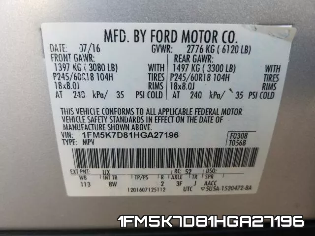 1FM5K7D81HGA27196 фото 2