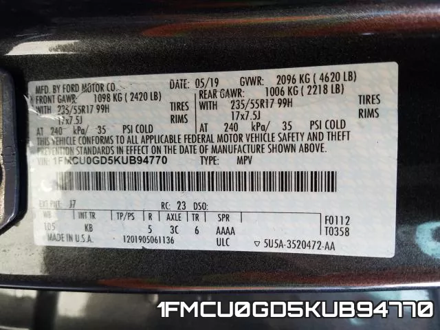 1FMCU0GD5KUB94770 фото 2