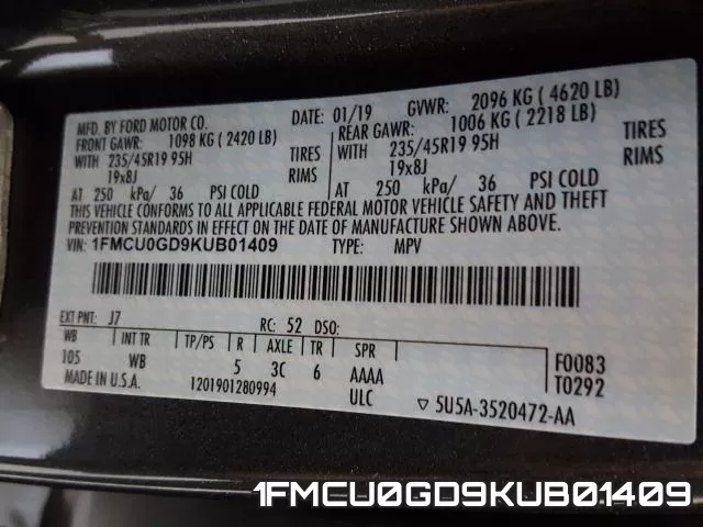 1FMCU0GD9KUB01409 фото 2