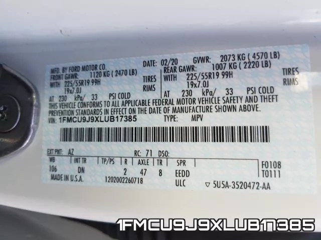1FMCU9J9XLUB17385 фото 2