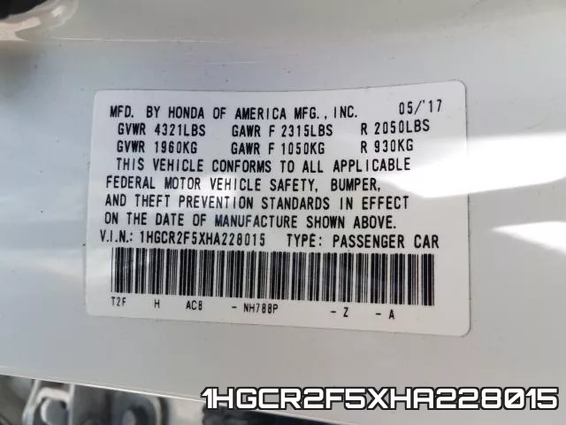 1HGCR2F5XHA228015 фото 2