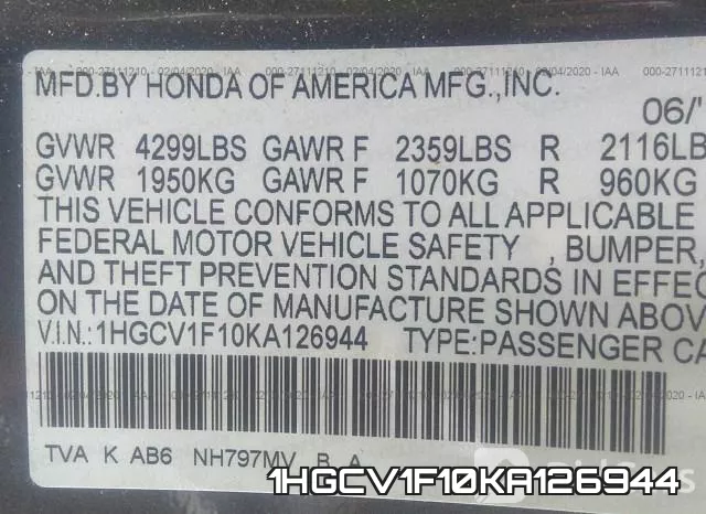 1HGCV1F10KA126944 фото 10