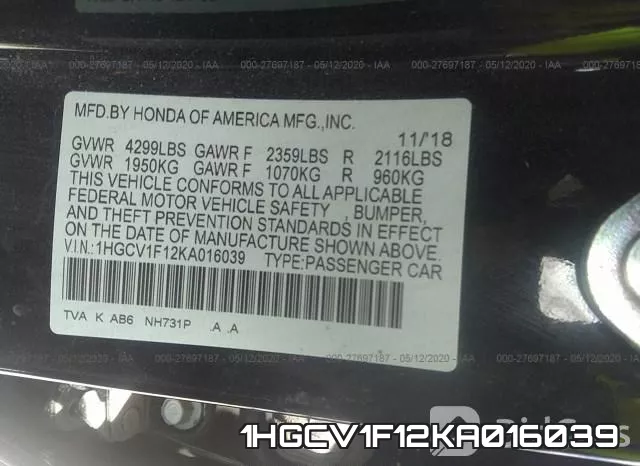 1HGCV1F12KA016039 фото 10
