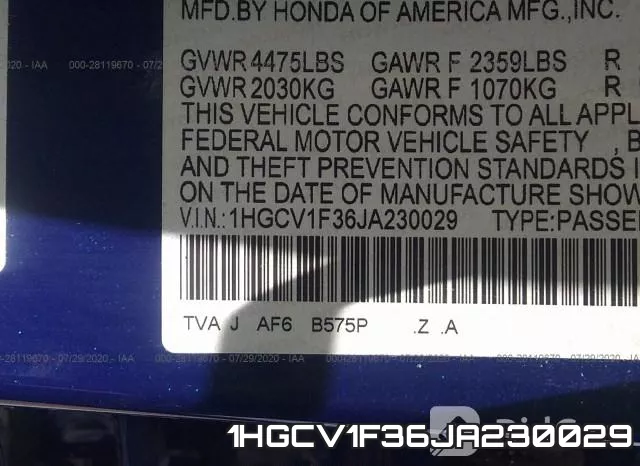 1HGCV1F36JA230029 фото 10