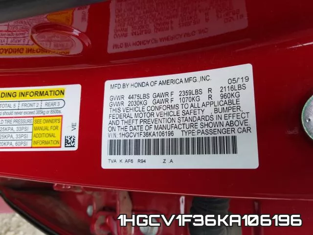 1HGCV1F36KA106196 фото 2