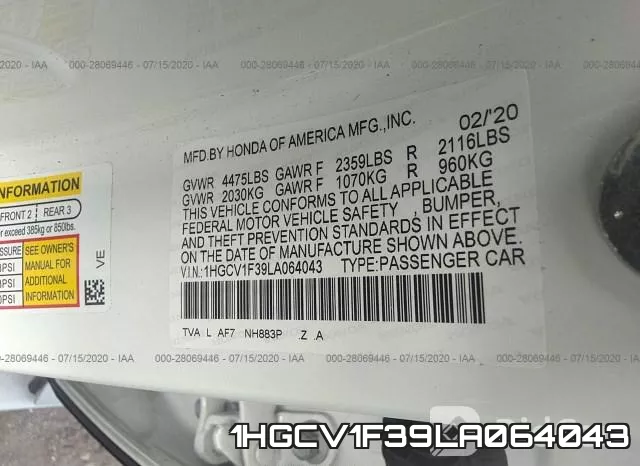 1HGCV1F39LA064043 фото 10