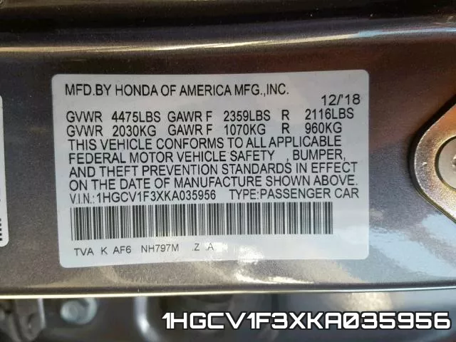 1HGCV1F3XKA035956 фото 2