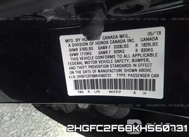2HGFC2F68KH560731 фото 10