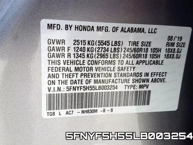 5FNYF5H55LB003254 фото 2