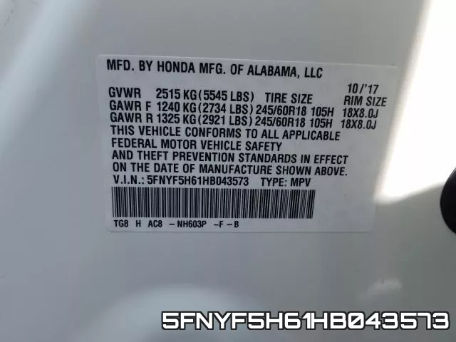 5FNYF5H61HB043573 фото 2